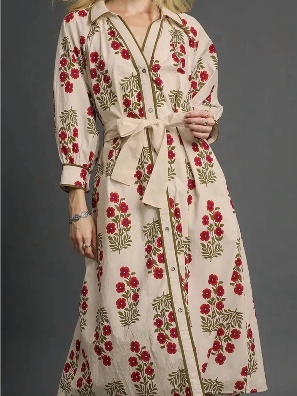 Umgee floral Button-Front Tie-Waist Maxi Dress - Cream with Red Floral